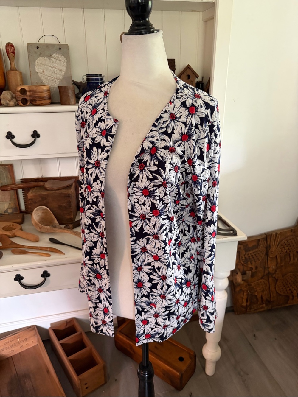 Picadilly Navy Floral Daisy Cardigan with Red Centers